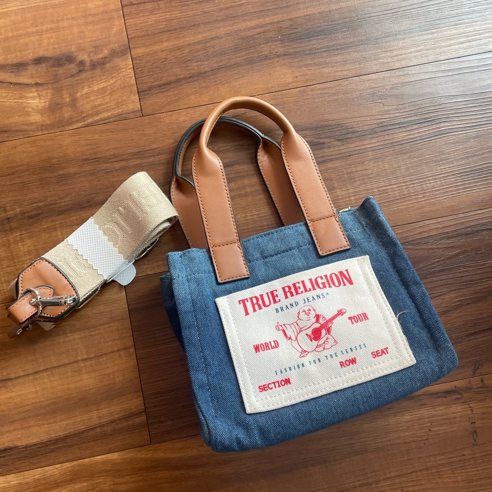 True Religion Denim Tote Bag with Brown Handles with Tan Crossbody Strap
